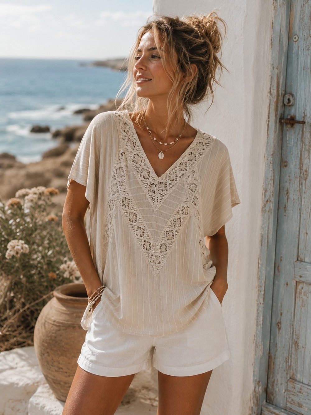 Zara Cream Crochet V-Neck Boho Tunic Coastal Vacation Resort